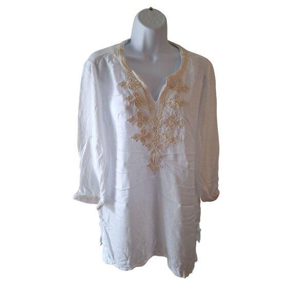 Saint Tropez West Tunic Top L White Embroidered V Neck 3/4 Sleeve Boho Lagenlook - Picture 1 of 9